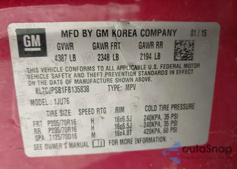 2015 Chevrolet Trax 1Ls из США, поврежденный, VIN KL7CJPSB1FB135838